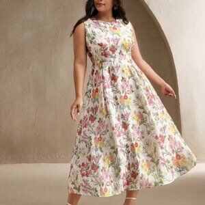 Anewsta 1XL 14 Plus Women Sleeveless Ditsy Floral Round Neck Dress Midi White